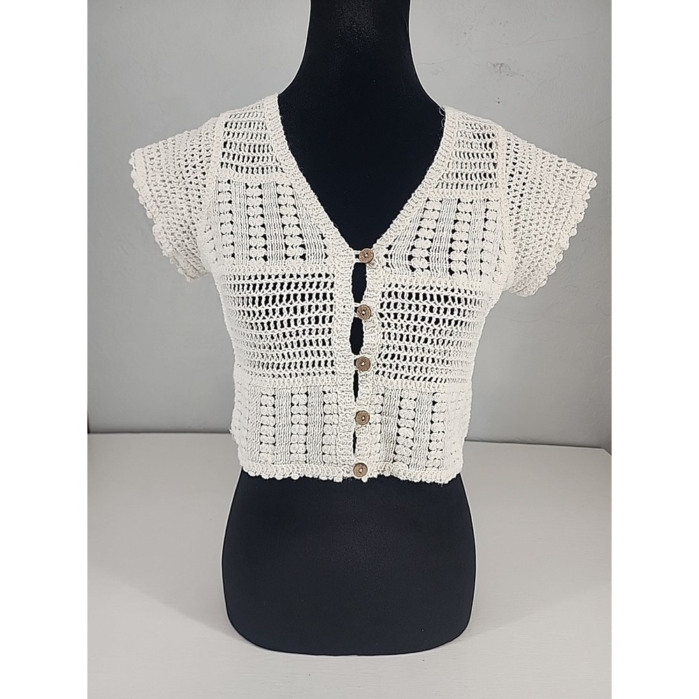 Rebellion Again White Crochet Button Front Crop Top‎ Boho Festival Womens OS